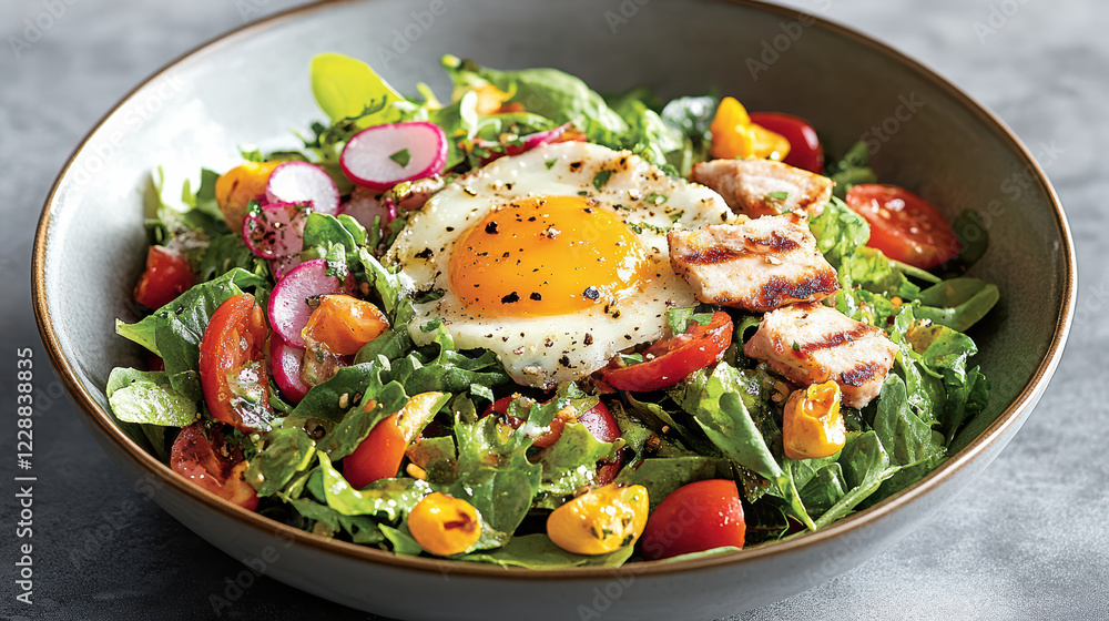 vibrant salad bowl with crisp greens, colorful vegetables, and sunny egg vibrant salad bowl with crisp greens, colorful vegetables, and sunny egg