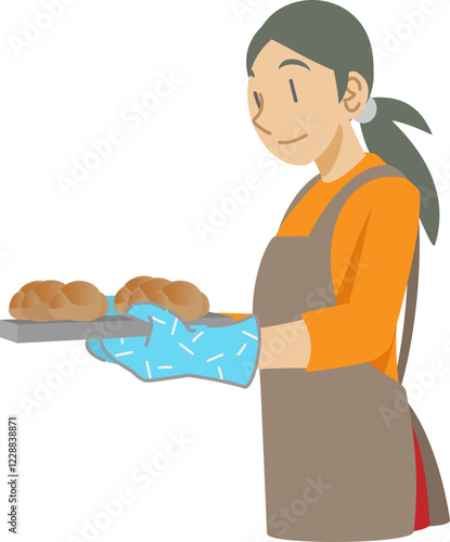 焼きたてパンを運ぶ女性