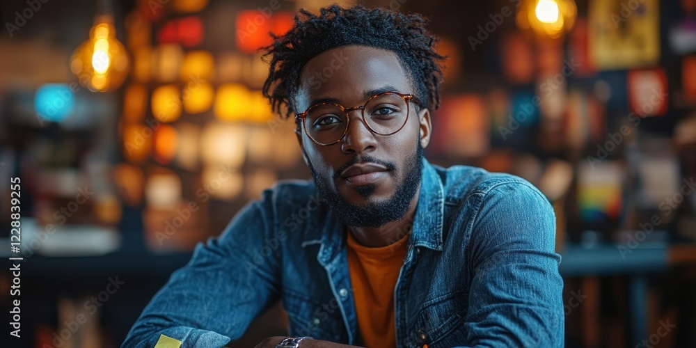 African person man using sticky notes while brainstorming with a team. African person man using sticky notes while brainstorming with a team.