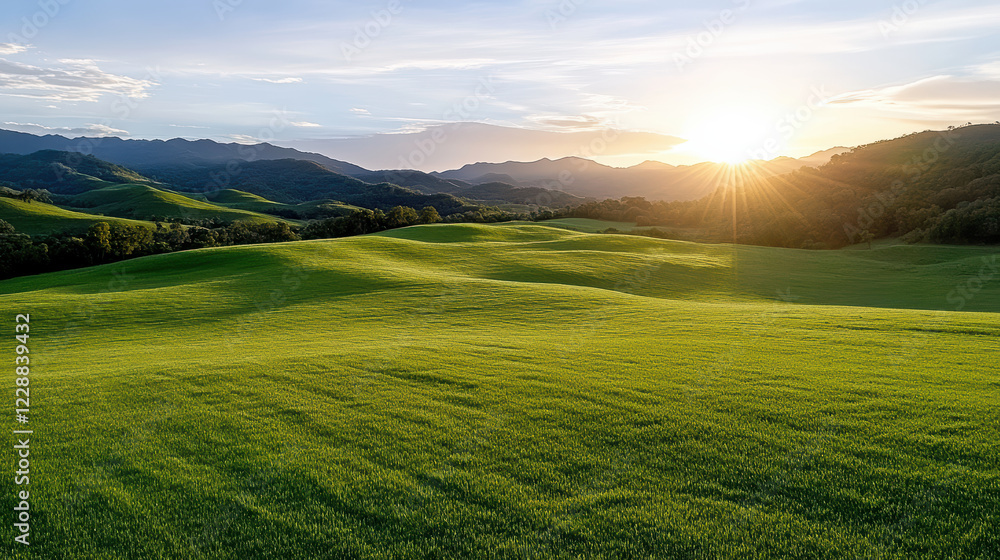 Lush green hills under sunset sky create serene landscape view Lush green hills under sunset sky create serene landscape view