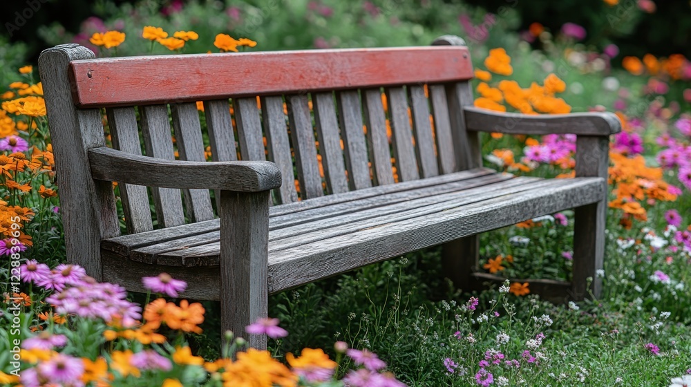 Wooden bench, garden, flowers, relaxation, summer Wooden bench, garden, flowers, relaxation, summer