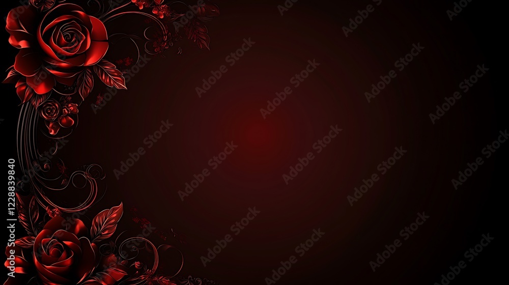 Dark Red Roses and Ornate Floral Design Background Dark Red Roses and Ornate Floral Design Background