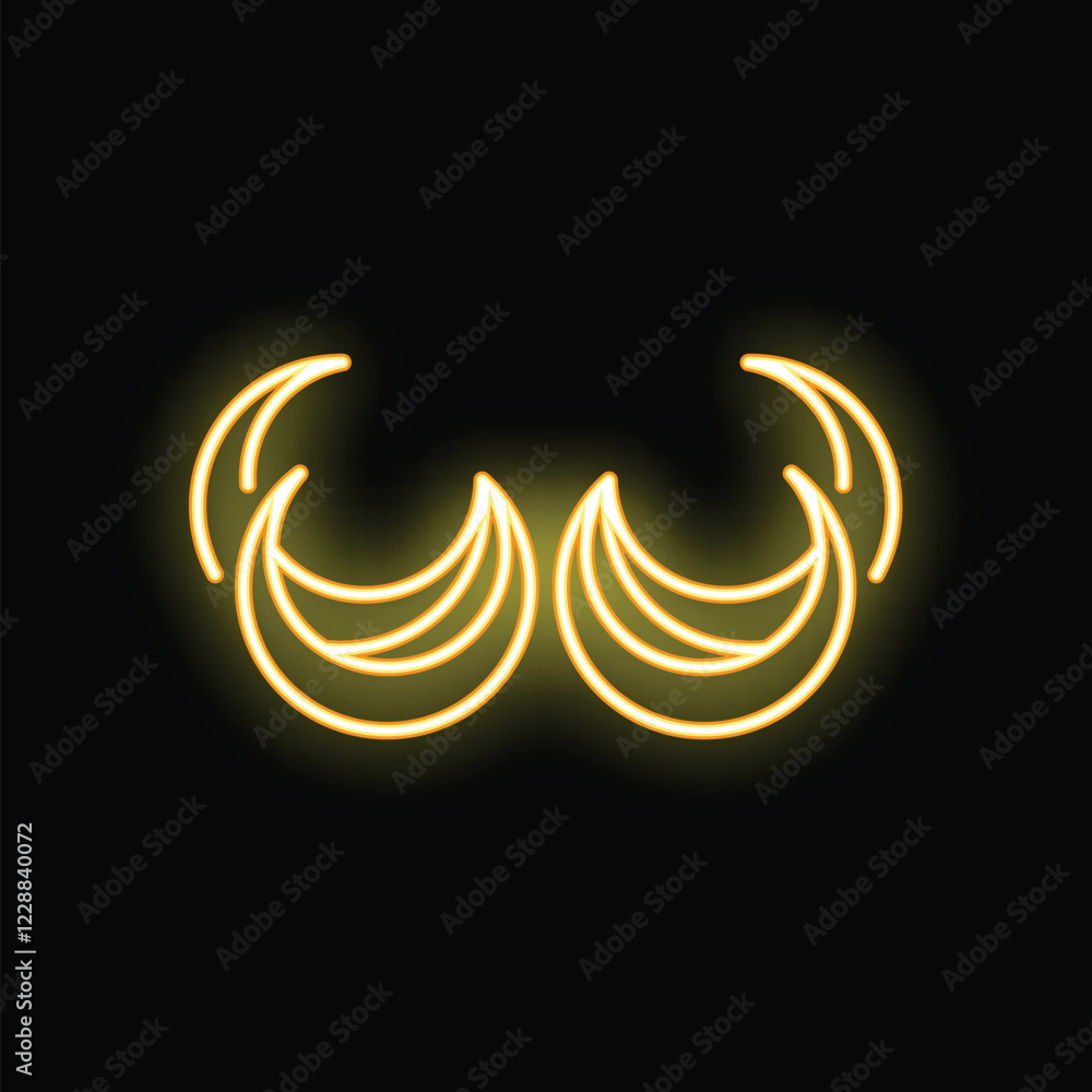 Neon sign illustrating two bunches of bananas with yellow glowing contour on black background Neon sign illustrating two bunches of bananas with yellow glowing contour on black background