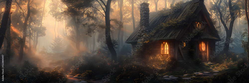Obraz premium Enchanted Fairytale Forest and Cabin Under the Starlit Sky: A Mystical Haven for Stories Unraveling