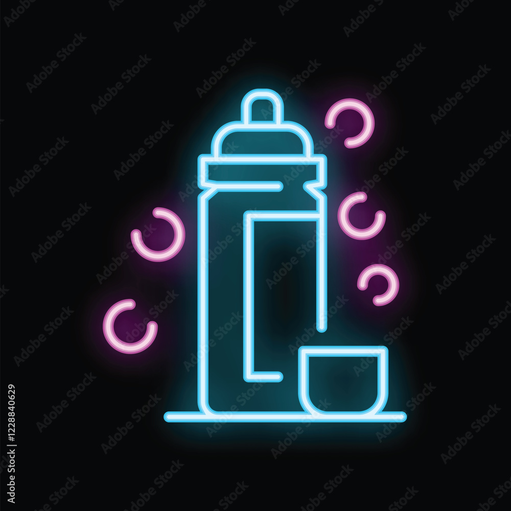 Neon glowing sign representing a sports water bottle with an open cap and a glass, symbolizing a healthy lifestyle choice Neon glowing sign representing a sports water bottle with an open cap and a glass, symbolizing a healthy lifestyle choice