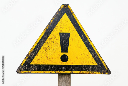 Warning sign with yellow and black triangle with exclamation mark, on white background. Danger, risk, caution, attention, road sign and care concept