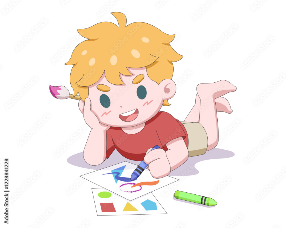 Cute style prone kid doing art happily cartoon illustration Cute style prone kid doing art happily cartoon illustration