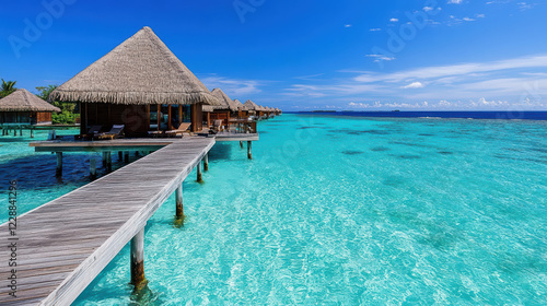 Luxurious overwater villas on turquoise lagoon with clear skies