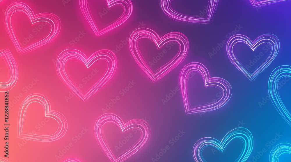 Digital marketing material with glowing neon heart outlines forming a continuous pattern on a gradient background for a chic look Digital marketing material with glowing neon heart outlines forming a continuous pattern on a gradient background for a chic look
