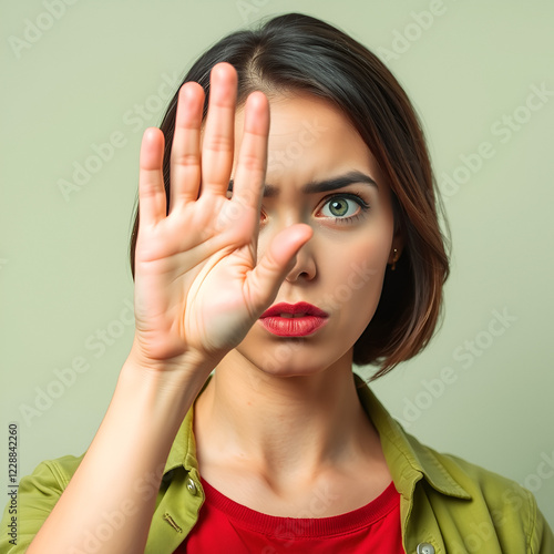 Stop right here. Angry annoyed displeased young woman raising hand up to say no, stop isolated light green gray background. Negative emotion facial expression. Negation discrimination violence concept photo