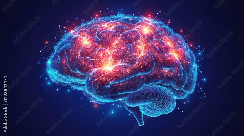 Glowing digital brain, network, concept, dark background, medical Glowing digital brain, network, concept, dark background, medical