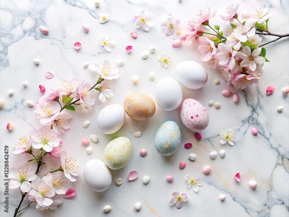 custom made wallpaper toronto digitalMinimalist Easter Flat Lay: Marble Eggs, Cherry Blossoms & Confetti on White