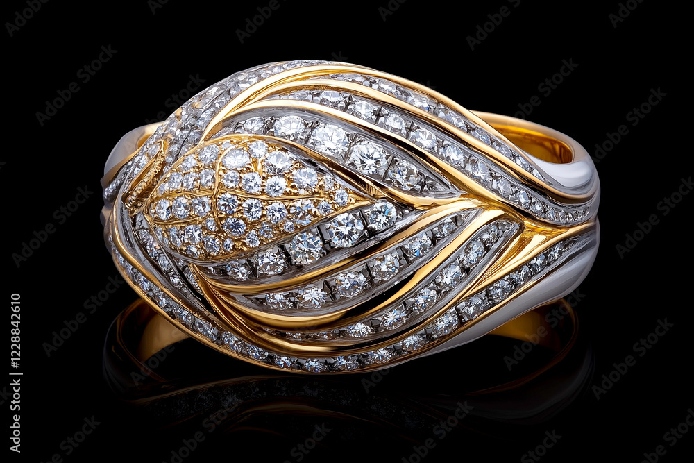 A gold and white ring with diamonds. The ring is very large and has a lot of diamonds A gold and white ring with diamonds. The ring is very large and has a lot of diamonds