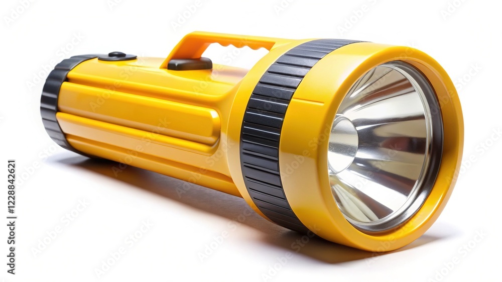 Minimalist High-Angle Shot: Portable Solar & Dynamo LED Flashlight on White Minimalist High-Angle Shot: Portable Solar & Dynamo LED Flashlight on White
