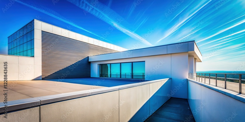 Fototapeta premium Modern Building Rooftop Architecture, Blue Sky Minimalist Photo