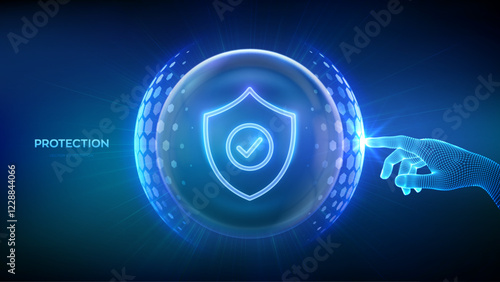 Protection. Cyber security. Network safety. Healthcare. Insurance. Hand touching Protection shield with Check mark icon inside transparent sphere shield with hexagon pattern. Vector illustration.
