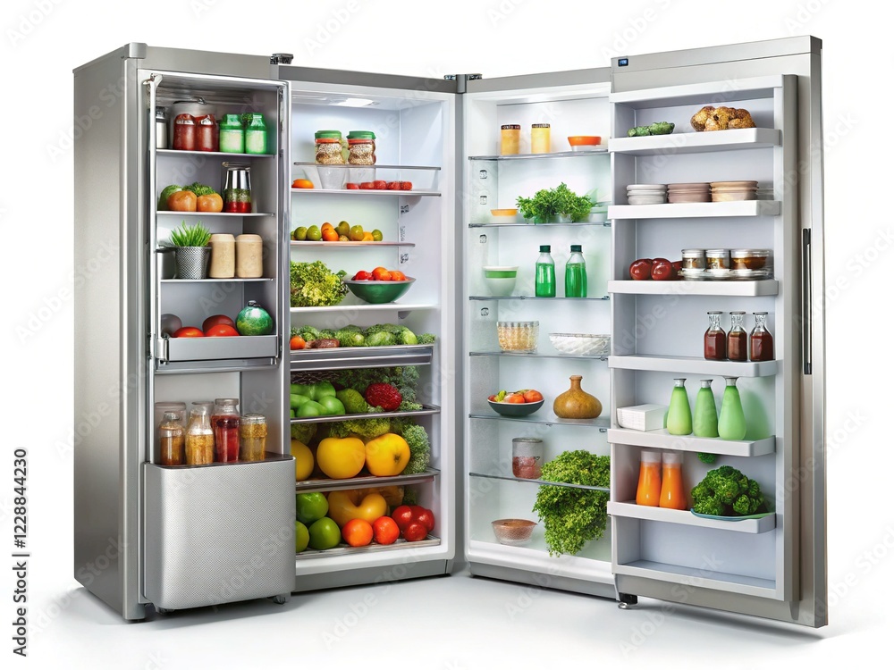Modern Refrigerator with Open Door, Food & Drinks, White Background Stock Photo Modern Refrigerator with Open Door, Food & Drinks, White Background Stock Photo