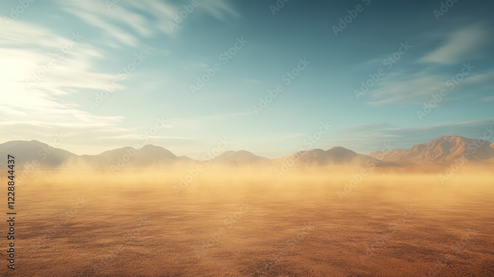 Fototapeta premium Dusty desert landscape with mountains under hazy sky.