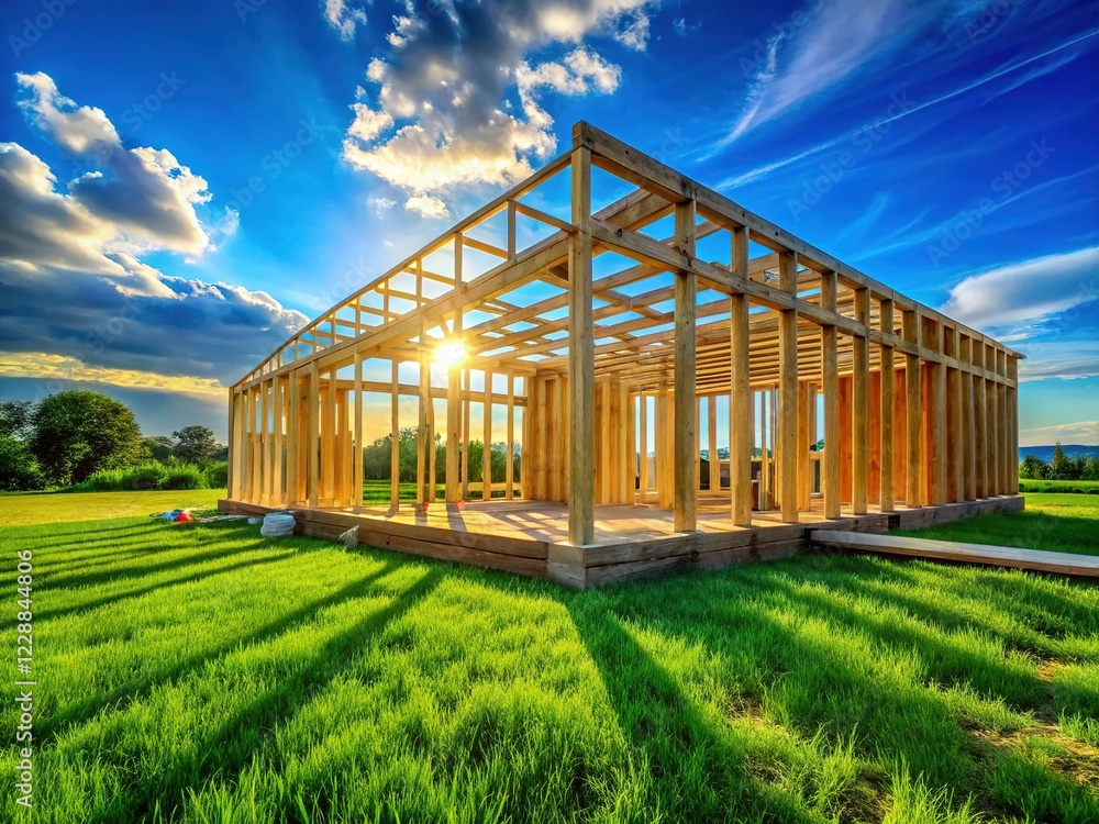 Obraz premium New Construction Home Framing Against Vibrant Blue Sky - Dream House Landscape