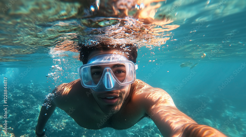Fototapeta premium A man is swimming in the ocean wearing goggles
