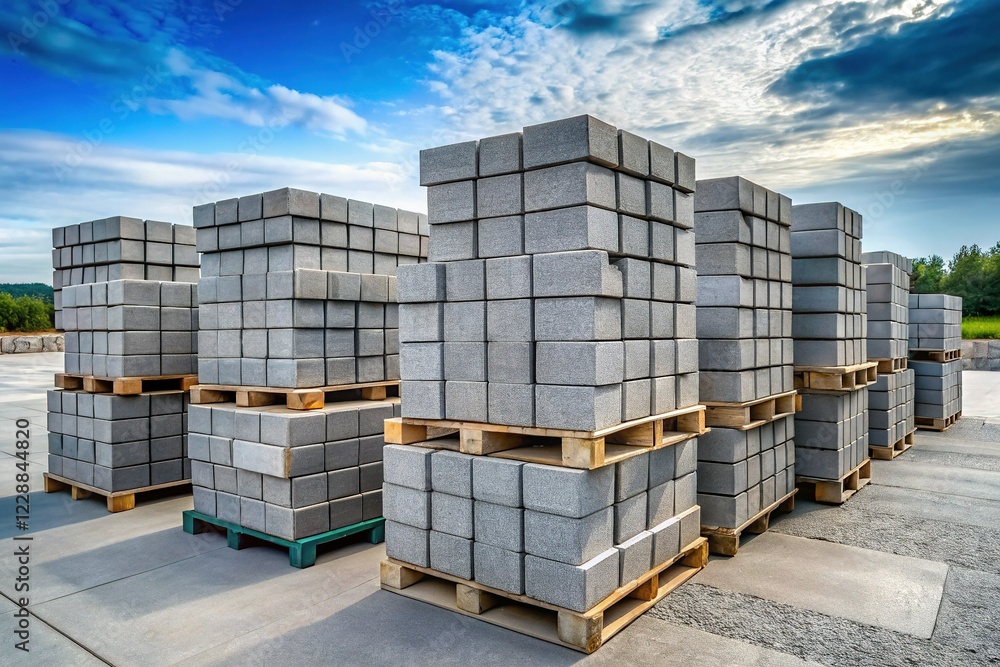 New Concrete Cinder Blocks on Pallets - Industrial Building Material Stock Photo New Concrete Cinder Blocks on Pallets - Industrial Building Material Stock Photo