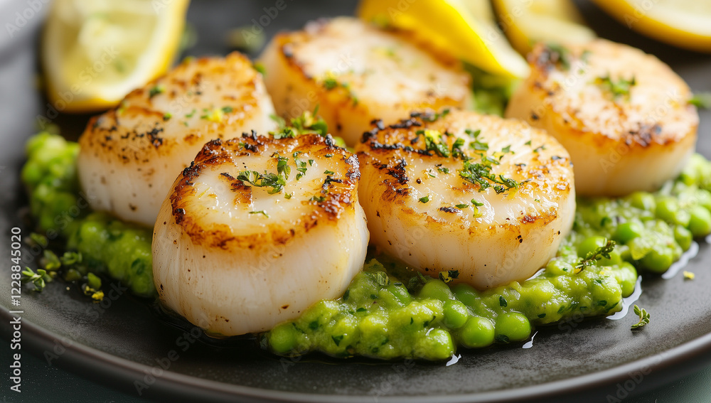 Grilled scallops with lemon zest and pea puree Grilled scallops with lemon zest and pea puree