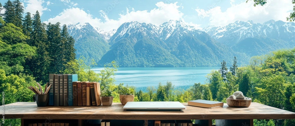 Naklejka premium Mountain Lake View Home Office Desk Setup Laptop Books Plants