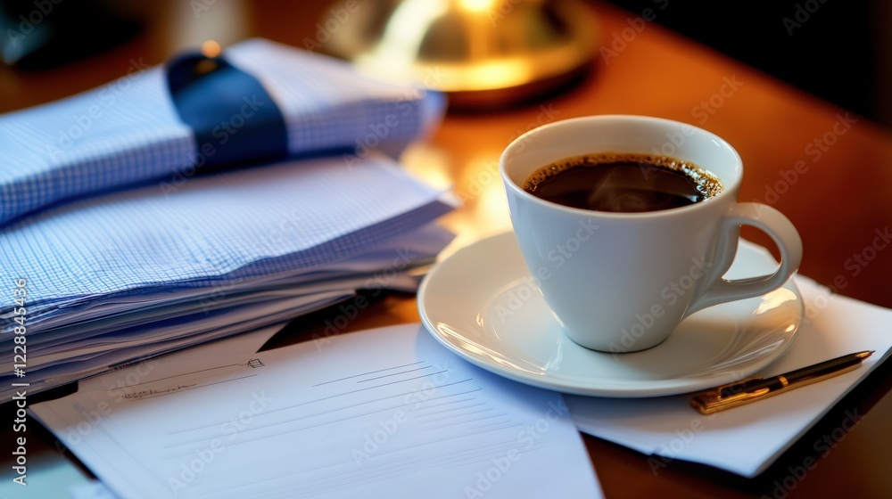 A Serene Still Life: Coffee and Crisp Cloth on a Wooden Table A Serene Still Life: Coffee and Crisp Cloth on a Wooden Table