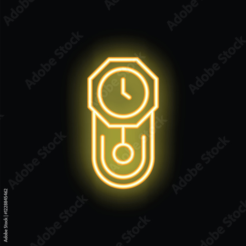 Neon yellow icon of a clock face with pendulum glowing on a dark background