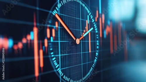 A digital clock overlays a financial chart, showcasing stock market movements with vibrant colors, symbolizing time-sensitive trading decisions.