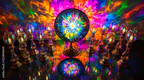 Colorful light orbs surround a crystal ball reflecting vibrant flames photo