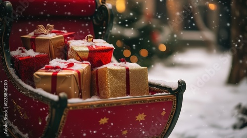 Christmas Gifts in Sleigh: A charming sleigh laden with golden and red wrapped Christmas gifts sits in the snow, snowflakes gently falling. The scene evokes a warm and festive holiday spirit.  photo