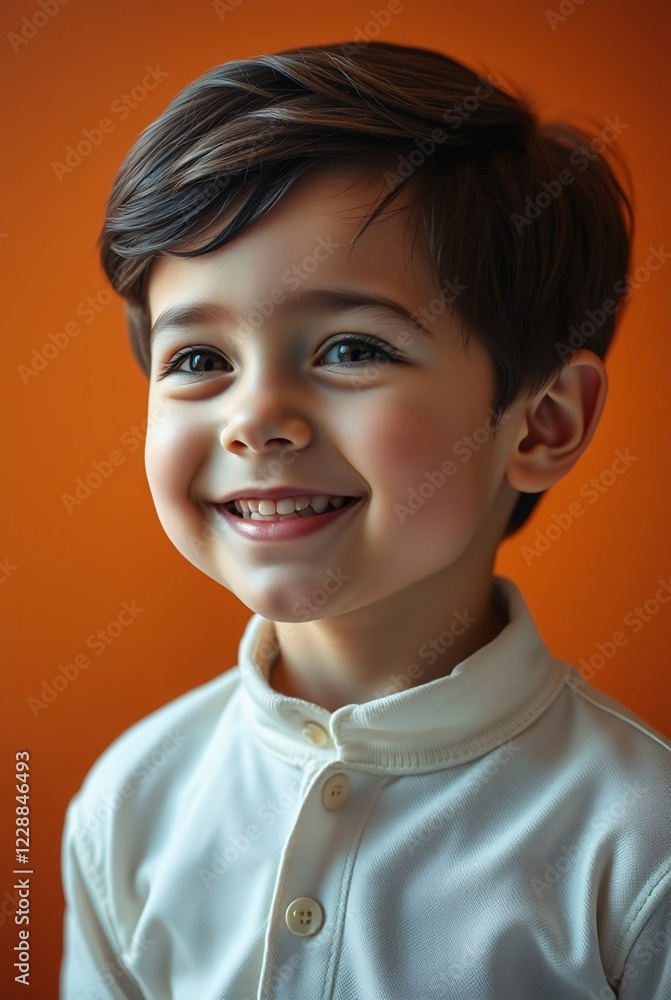 Cheerful Young Boy Portrait with Bright Smile Against Warm Orange Background Cheerful Young Boy Portrait with Bright Smile Against Warm Orange Background