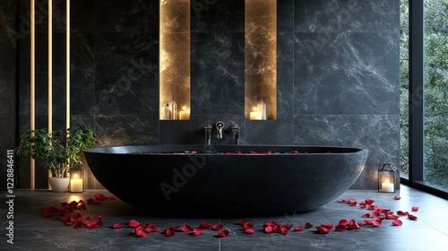 Modern dark marble bathroom with a soaking tub, rose petals, and ambient lighting photo