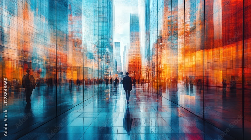 Cityscape, man walking, reflections, urban, business, blurred background, finance, advertising