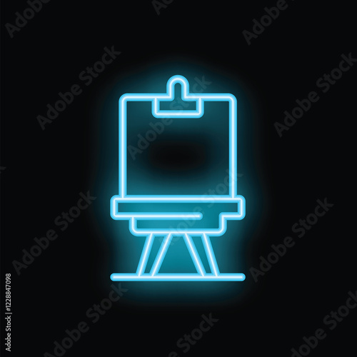 Bright blue neon sign depicting an easel for painting against a dark background, perfect for themes of art, creation, and inspiration