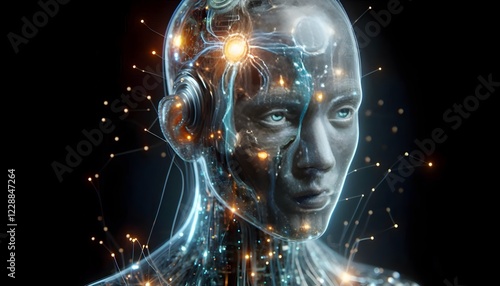 A highly detailed close-up of a humanoid AI robot with glowing circuits and neural networks visible through transparent skin, symbolizing artificial intelligence and advanced biotechnology photo