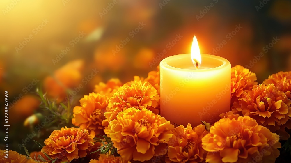 Candlelight Remembrance: A single, softly glowing candle is encircled by a vibrant ring of marigolds, creating a poignant and evocative image of remembrance and reflection. The warm. Candlelight Remembrance: A single, softly glowing candle is encircled by a vibrant ring of marigolds, creating a poignant and evocative image of remembrance and reflection. The warm.