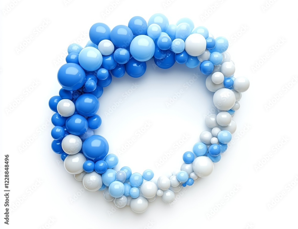 Blue and white spheres forming a circular frame on white background. Blue and white spheres forming a circular frame on white background.