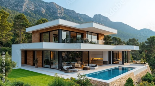 Modern villa, mountain view, poolside luxury, real estate photo