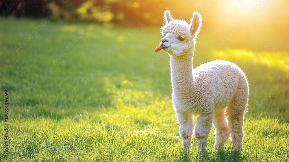 Fototapeta premium Adorable white baby alpaca sticking out tongue in sunny field.