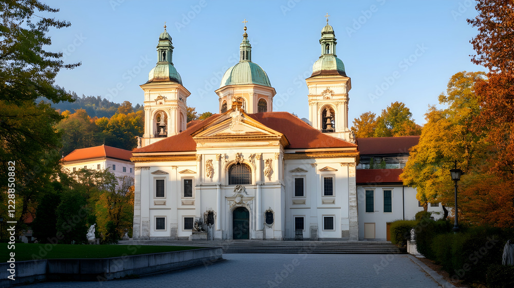 Fototapeta premium Autumnal basilica facade, park setting, sunlight, tranquil scene, travel photography