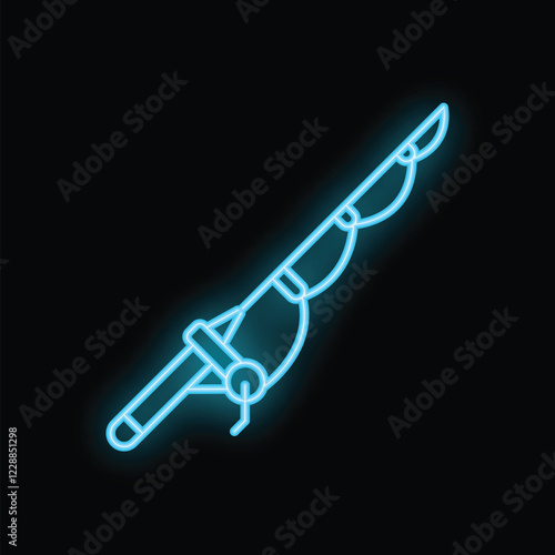 Bright blue neon fishing rod glowing against a dark background, perfect for any project needing a striking visual