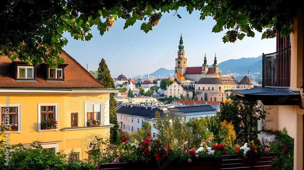 Charming Austrian town cityscape, church, mountains background, postcard view