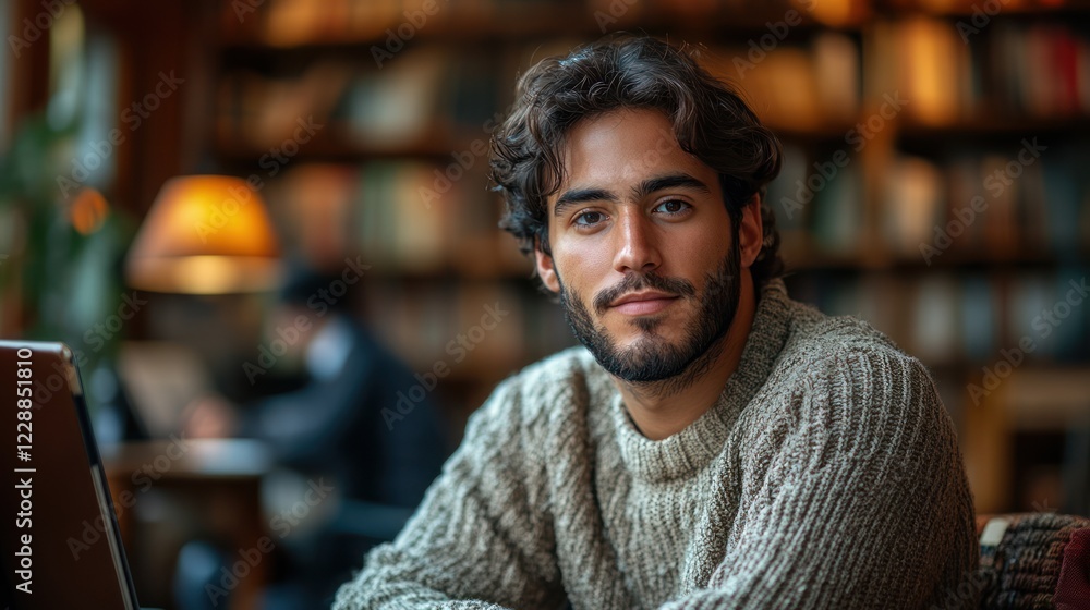Man in cafe, looking at camera, bookshelves in background, studying Man in cafe, looking at camera, bookshelves in background, studying