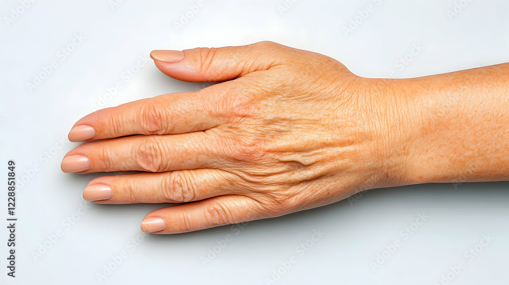 Close-up of elderly woman's hand, showing wrinkles and age spots, on a light background; for skincare or aging-related content Close-up of elderly woman's hand, showing wrinkles and age spots, on a light background; for skincare or aging-related content