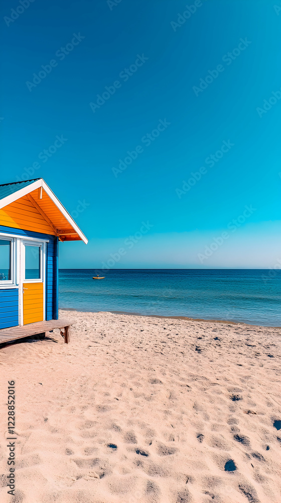 Colorful beach house, sunny day, ocean view, tranquil scene. Ideal for travel brochures Colorful beach house, sunny day, ocean view, tranquil scene. Ideal for travel brochures