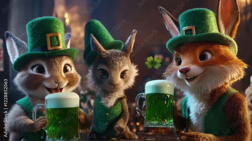Fototapeta premium Three Adorable Cartoon Animals Celebrating St Patricks Day with Green Beer.