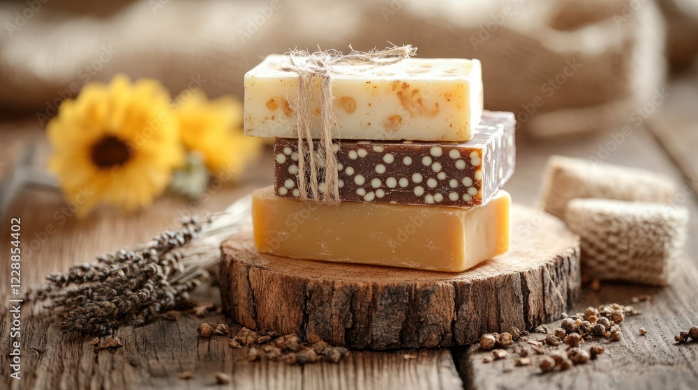 Fototapeta premium Handmade soap bars stacked on wood.