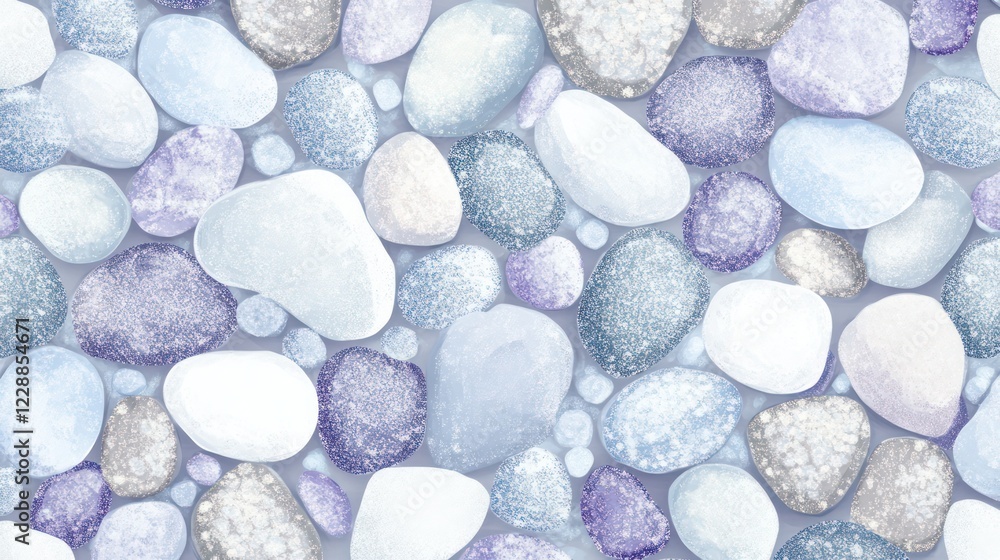 A blue and white mosaic made of rocks. The blue and white colors create a calming and serene atmosphere.